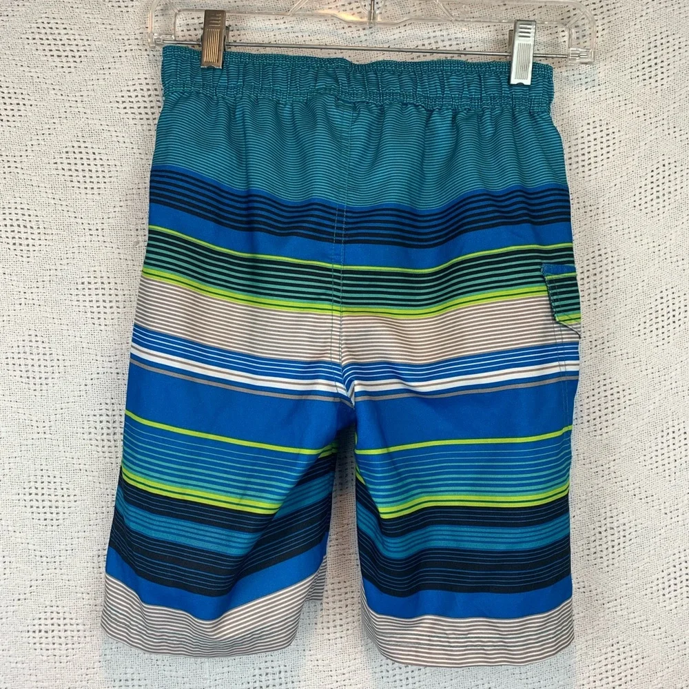 OT Revolution Boys M 8/10 Blue Striped Swim Trunks Mesh Lined Pockets Elastic